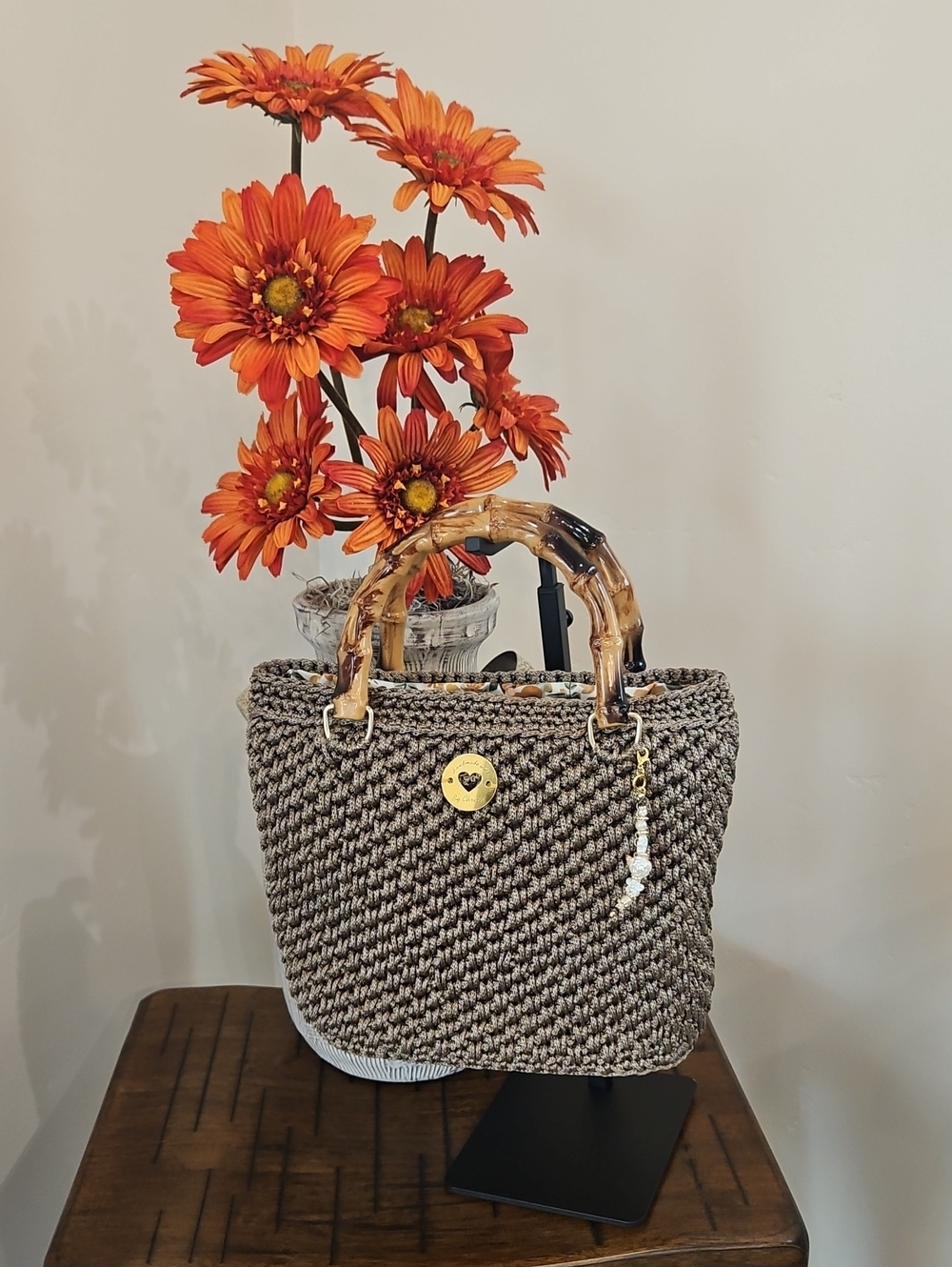 Hand Crocheted Bag with Bamboo Handles.  Khaki Color